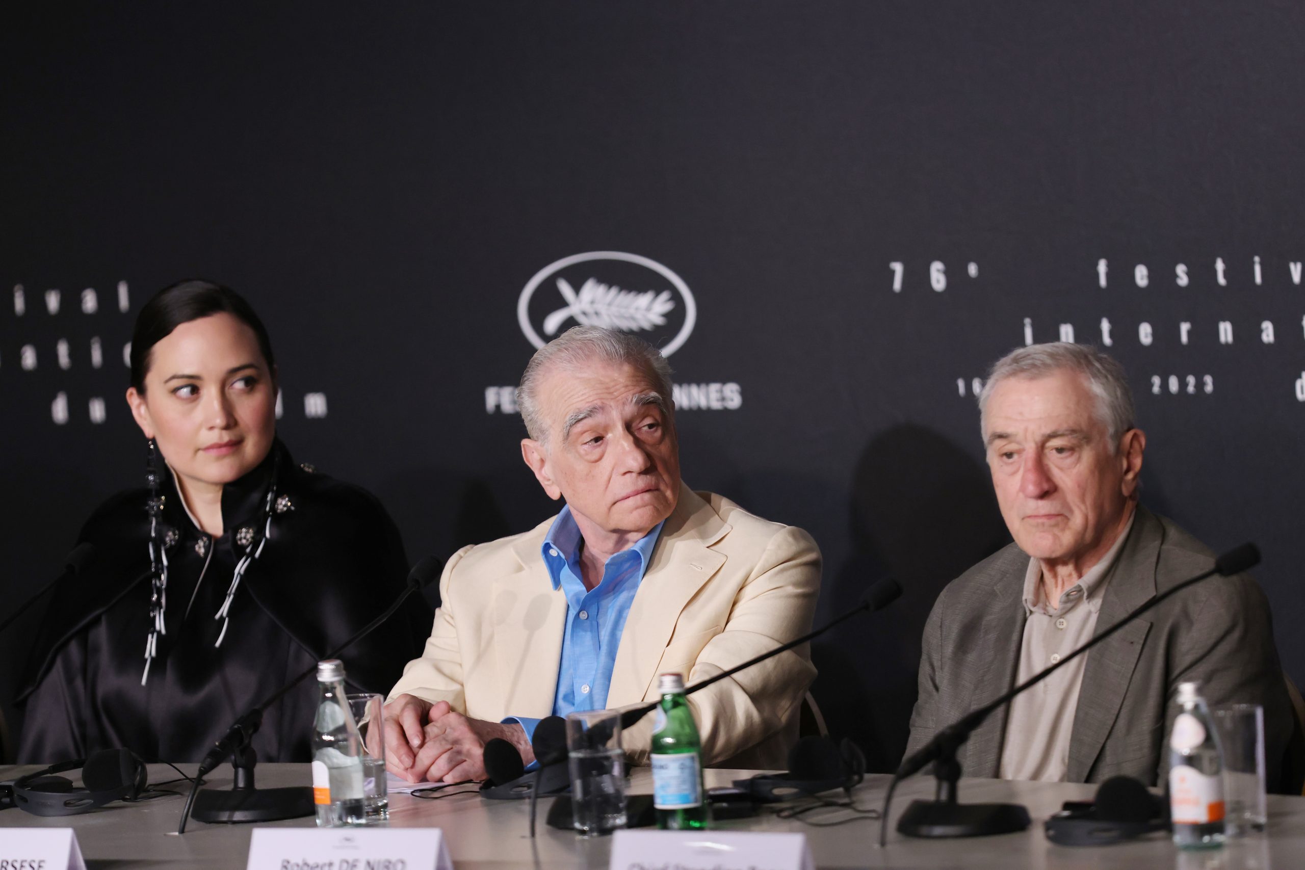 Lily Gladstone, Director Martin Scorsese and Robert De Niro attend the "Killers of the Flower Moon" press conference at the 76th annual Cannes Film Festival