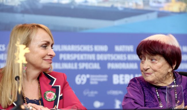 Agnes Varda (R) and French producer Rosalie Varda (L) attend the press conference 