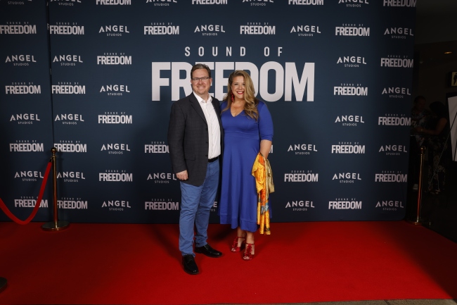 This image has an empty alt attribute;  file name is GettyImages-1503639340.jpg VINEYARD, UTAH - JUNE 28: Jared Geesey and Sarah Geesey attend the premiere of 