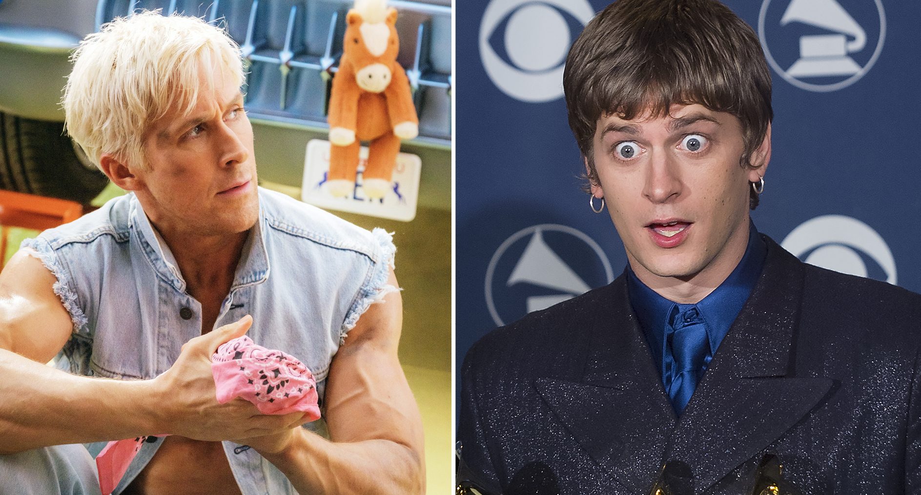 Ryan Gosling as Ken in "Barbie" and an earring-adorned Rob Thomas looking shocked by the number of Grammys he's collected