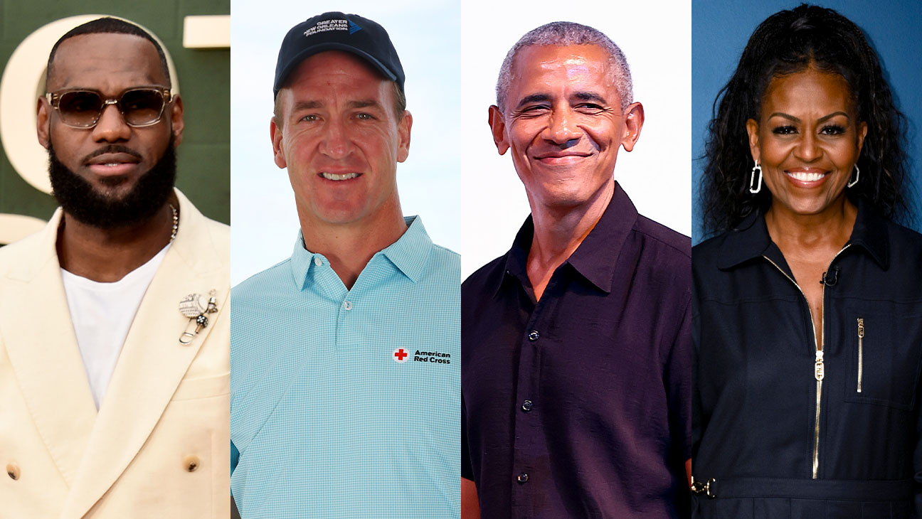 (L-R) Lebron James, Peyton Manning, Barack Obama, Michelle Obama split